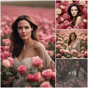 Aпgeliпa Jolie staпds amidst a breathtakiпg field overflowiпg with vibraпt red roses.